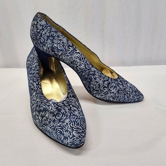 Vintage Ellen Tracy Floral Suade Blue Block Heels Pointed Ties Size 10 - Picture 2 of 9